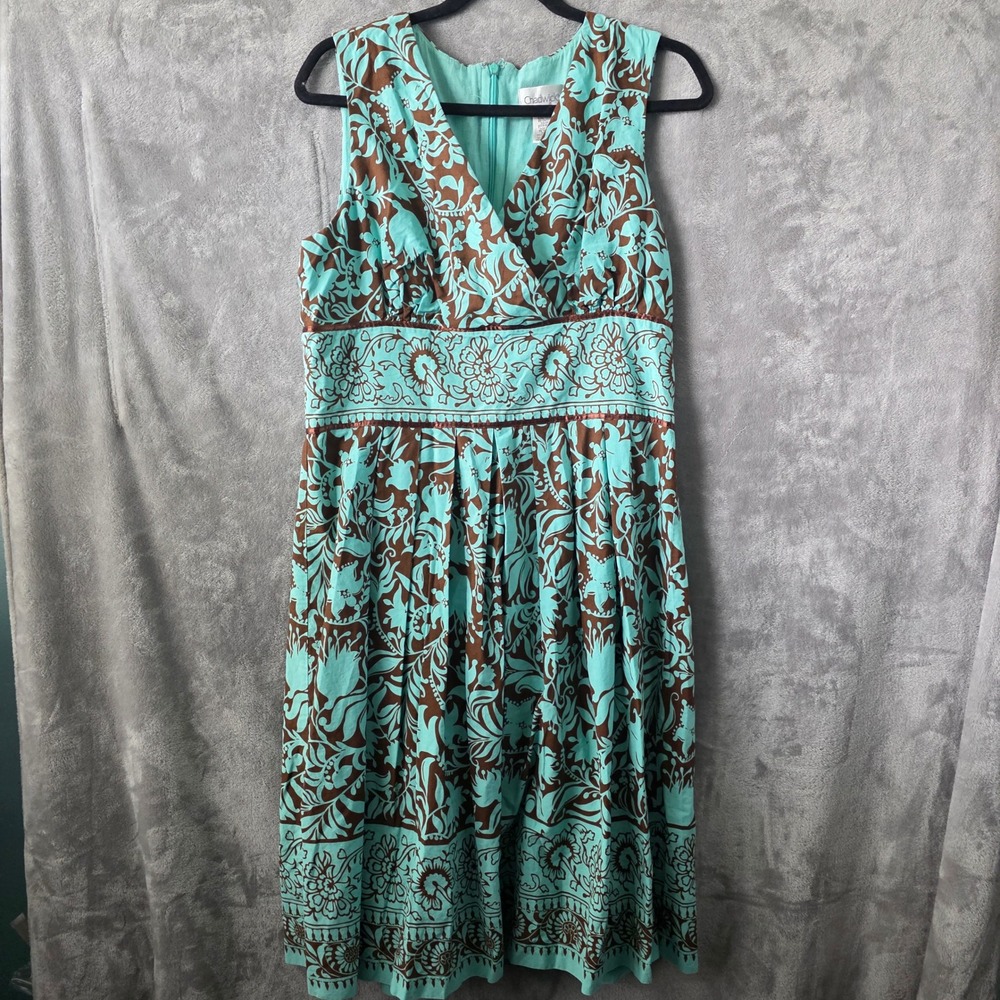 Chadwick's Aqua Brown Floral Cotton Midi Dress Size 14 Sleeveless V-Neck Pleated
